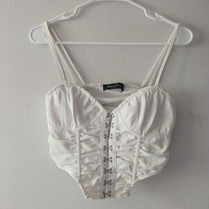 White Fox Corset Top XS White Hook & Eye Double Strap Ruched Cropped